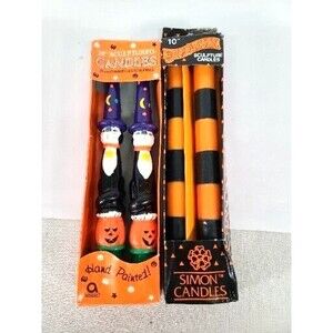 NOS NEW 2 Vintage Pair Of Halloween Candles Handpainted Cats Stripes 10 Inch
